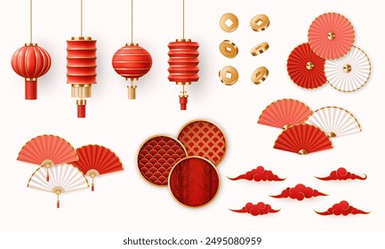 Realistische Vektorgrafik Set von chinesischen Dekorations-Design-Elementen. Kollektion der chinesischen Neuen Jahr 3D-Symbole.