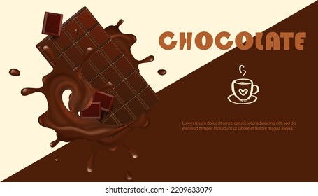 Realistic vector set, chocolate bar in bursts. Chocolate banner with swirls and drops.