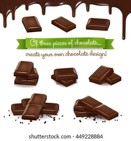 Realistic vector set of chocolate pieces in different angles. Of the top three pieces can create different versions of images, as in the constructor (examples below). Melted chocolate seamless.