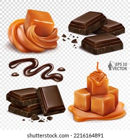 Realistic vector set with chocolate slices and crumbs. Liquid caramel syrup. Toffee cream and candies. 3d illustration