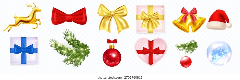 Realistische Vektorgrafik von Weihnachtsschmuck: Geschenke, Bögen, Glocken, Kirschen, Tannenzweige, Weihnachtsmütze, Rentiere und leuchtende Elemente. Perfekt für festliche Designs, Karten, Poster und Winterfeiern.