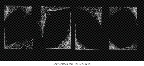 Realistic vector set of cobweb corners, isolated on a transparent background, perfect for Halloween decorations. These spooky spider web borders are essential elements for creating a horror or fear-themed design. Intricate details of the webs enhance any haunted house or creepy aesthetic.