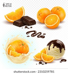 Realistic vector set of desserts with fresh orange fruits, flavored citrus ice cream, liquid chocolate topping. 3d food illustration isolated on white background