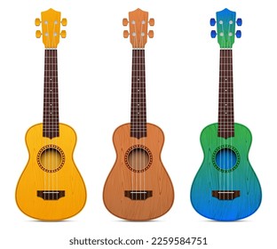 Realistic vector set of different color Ukuleles, isolated on white background.