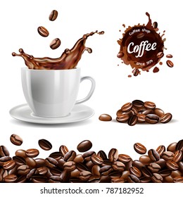 Realistic vector set of elements (coffee beans background, coffee cup, a coffee splash, pile and stain, logo)