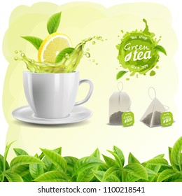 Realistic Vector Set Of Elements (tea Leaf Background, Tea Cup, A Tea And Lemon Splash, Tea Bags And Stain, Logo)