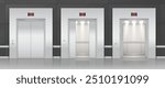 Realistic vector set of elevator with closed and opened chrome metal doors on dark background. Indoor interior element of office, hotel and other buildings.