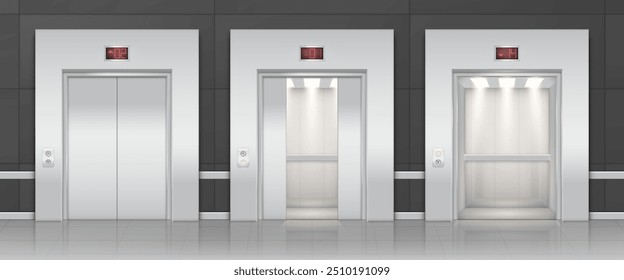 Vetor realista conjunto de elevador com portas de metal cromado fechadas e abertas em fundo escuro. Elemento interior interior de escritórios, hotéis e outros edifícios.