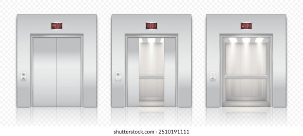 Realistic vector set of elevator with closed and opened chrome metal doors isolated on transparent background. Indoor interior element of office, hotel and other buildings.