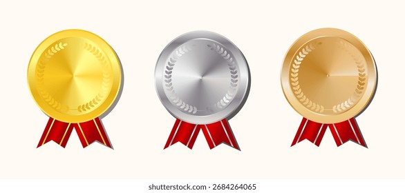 Conjunto de Vector realista de medallas de oro, plata y bronce - Trofeo de premio con cinta roja