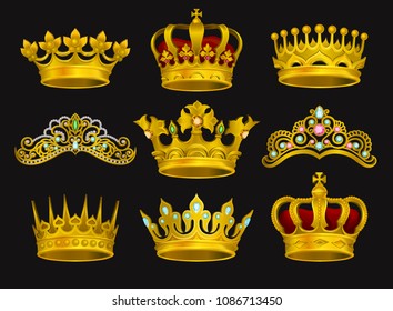 Realistic vector set of golden crowns and tiaras decorated with precious stones. Shiny headdress of royal person