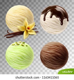 Realistic vector set of ice cream scoops (vanilla flower and sticks, pistachios, flowing chocolate)