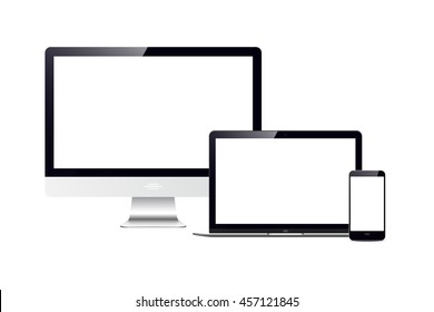 Conjunto vector realista de portátiles, smartphones y computadoras con pantallas blancas vacías