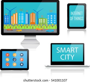 Realistic vector set of laptop, smartphone and computer with internet of things and smart city Device mockup template.Vector Electronic Media Devices 