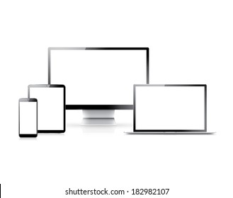 Realistic vector set of laptop, tablet, smartphone and computer with empty white screens