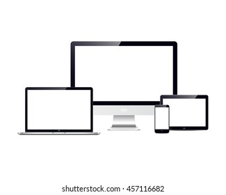 Realistic vector set of laptop, tablet, smartphone and computer with empty white screens
