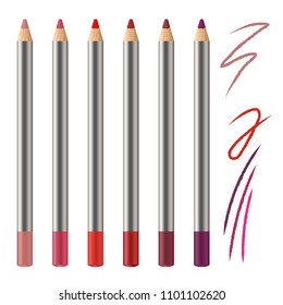 Realistic vector set of lip pencil mockup. Decorative cosmetic colored pencils. Red, pink, magenta color Cosmetic pencil strokes.