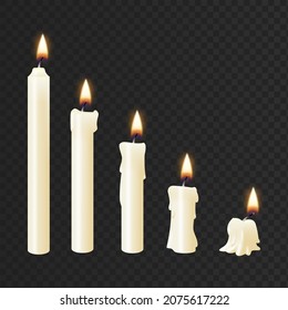 Realistic vector set lit white candles isolated on transparent background