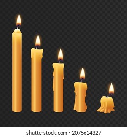 Realistic vector set lit yellow candles isolated on transparent background