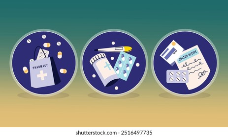 Realistic vector set of medical icons featuring hospital elements such as an ambulance, tools, pills, and drugs. Designed in a plasticine style, this collection represents medicine and pharmacy elemen