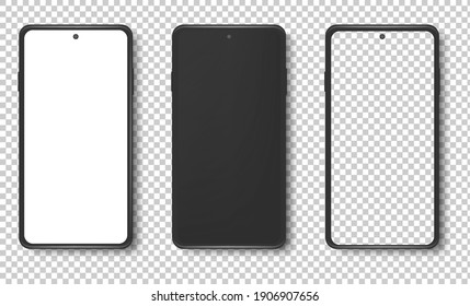 Realistic vector set mock-up of new generation plus smart phone black on transparent background. Layered - just put your image on content layer. Scale image any resolution.