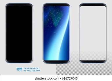 Realistic vector set mock-up of new generation samsung galaxy s8 edge plus smart phone blue on transparent background. Layered - just put your image on content layer. Scale image any resolution.