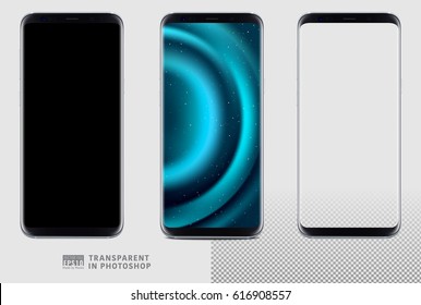 Realistic vector set mock-up of new generation samsung galaxy s8 edge plus smart phone silver on transparent background. Layered - just put your image on content layer. Scale image any resolution.