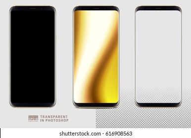 Realistic vector set mock-up of new generation samsung galaxy s8 edge plus smart phone gold on transparent background. Layered - just put your image on content layer. Scale image any resolution.