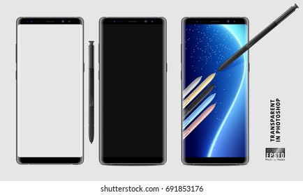 Realistic vector set mock-up of new generation samsung galaxy note 8 eight edge plus smart phone blue on transparent background with s pen stylus