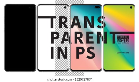 Realistic Vector Set Mock-up Of Smart Phone Samsung Galaxy S10 Plus Black On Transparent Background