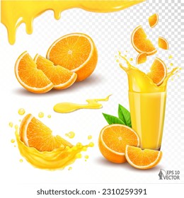 Realistic vector set of orange fruits. Glass of fresh orange juice with pieces and slices of fruit isolated on white background, transparent splash. 3D food illustration