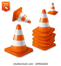 Realistic vector - set of orange road cones with stripes.