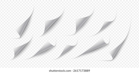 Realistic Vector Set of Page Corner Bending Effects Illustration, Transparent Background.