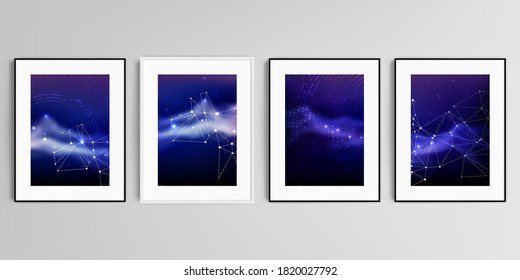 Realistic vector set of picture frames in A4 format isolated on gray background. Digital data visualization, polygonal science dark background.