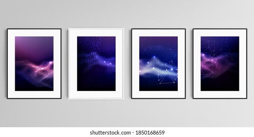 Realistic vector set of picture frames in A4 format isolated on gray background. Digital data visualization, polygonal science dark background.
