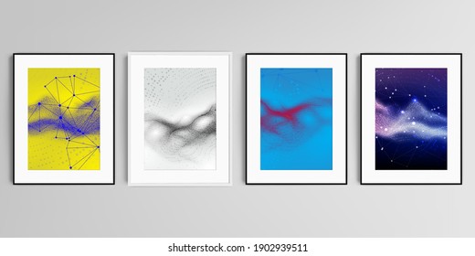 Realistic vector set of picture frames in A4 format isolated on gray background. Colorful wavy particle surface background for technology or science cyber space concept.