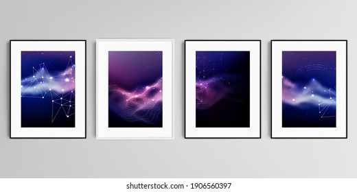 Realistic vector set of picture frames in A4 format isolated on gray background. Digital data visualization, polygonal science dark background.