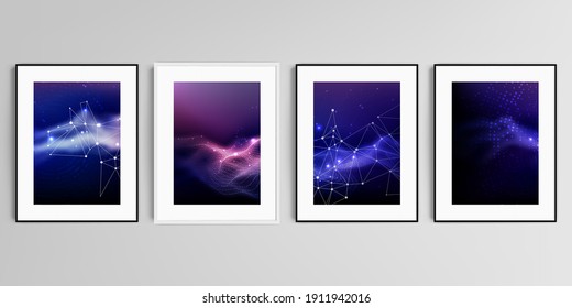 Realistic vector set of picture frames in A4 format isolated on gray background. Digital data visualization, polygonal science dark background.