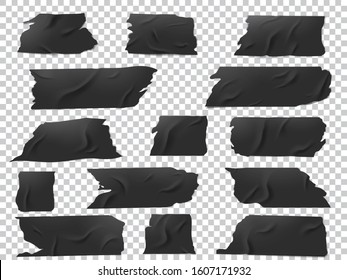 Realistic vector set of pieces of black adhesive tape of various lengths and shapes.