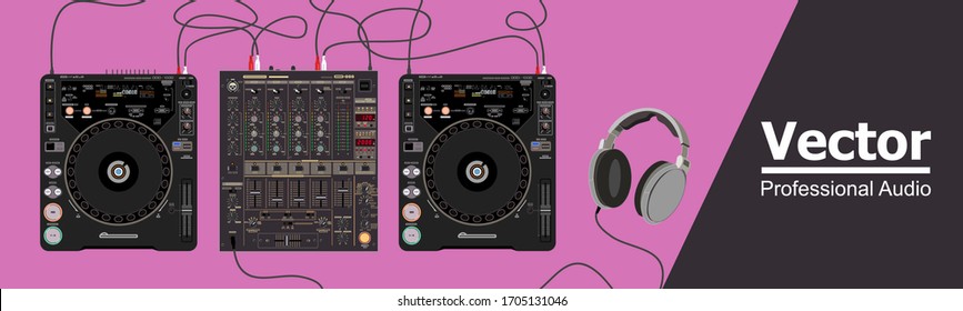 Realistic vector set of professional DJ equipment.  Illustration on the theme of nightlife. CD players and a mixer with headphones. Image for a poster and flyer. Material for placement on t-shirts.