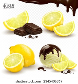 Realistic vector set of refreshing desserts. Pieces of natural lemon and dark chocolate with crumbs. A scoop of lemon ice cream with melting chocolate topping. 3d isolated food illustration