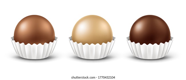 Realistic vector set of round glossy chocolate candies with white corrugated paper wrapper, isolated on white background. Dark, milk and white truffles or bonbon. Sweet dessert with different tastes.