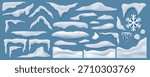 Realistic vector set of snow drifts, icicles, piles, flakes and frozen shapes for winter design, UI, packaging, holiday decor and seasonal illustrations. Isolated elements on a blue background.