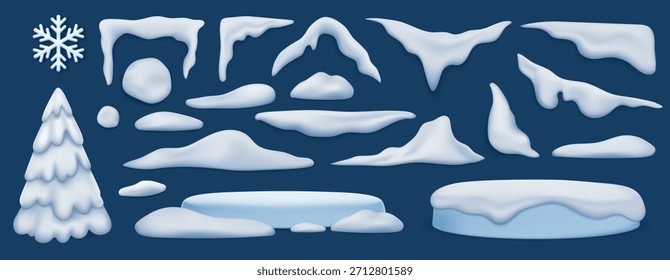 Vetor realista conjunto de neve drifts, icicles, pilhas, flocos e formas congeladas para design de inverno, IU, embalagem, decoração de férias e ilustrações sazonais. Elementos isolados em um fundo azul.