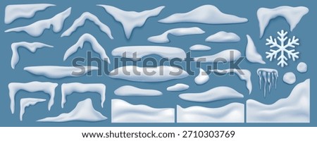 Realistic vector set of snow drifts, icicles, piles, flakes and frozen shapes for winter design, UI, packaging, holiday decor and seasonal illustrations. Isolated elements on a blue background.