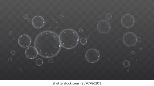 realistic vector set of soap bubbles with a transparent PNG background. Features falling and floating bubbles with a glass-like effect, perfect for decorations, overlays, and water-themed designs.