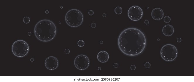 realistic vector set of soap bubbles with a transparent PNG background. Features falling and floating bubbles with a glass-like effect, perfect for decorations, overlays, and water-themed designs.