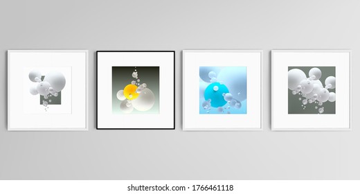 Realistic vector set of square picture frames isolated on gray background. Abstract composition with 3d balls or spheres.
