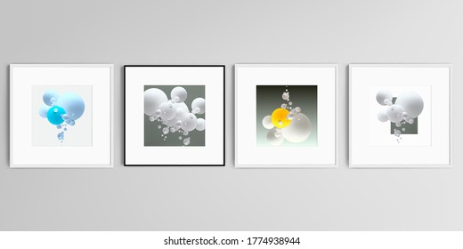 Realistic vector set of square picture frames isolated on gray background. Abstract composition with 3d balls or spheres