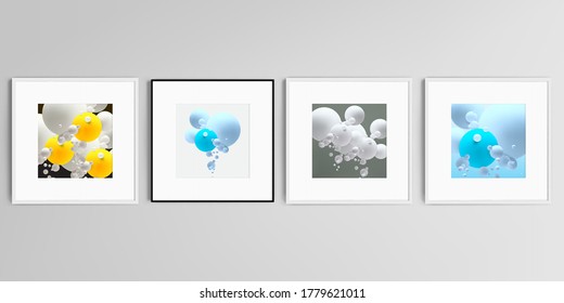Conjunto vectorial realista de marcos cuadrados aislados en fondo gris. Composición abstracta con bolas o esferas 3d.